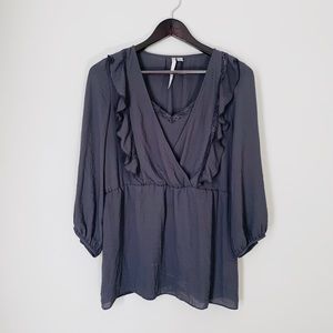 Gray Long Sleeve Blouse - Ruffle Detail & Camisole